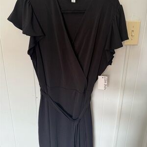 Nine West Black Asymmetrical Wrap Dress with Flutter Sleeves